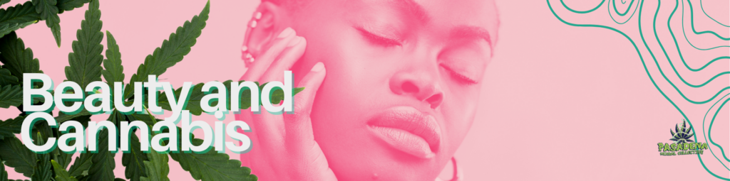 A Elegant arrangement of cannabis leafs and a woman with pink light for ¨Beauty and Cannabis¨