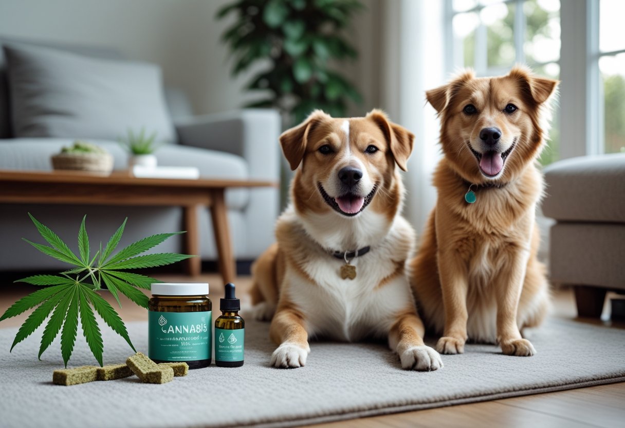 A dog and cat sitting together in a cozy living room with pet-friendly cannabis products on a nearby table.