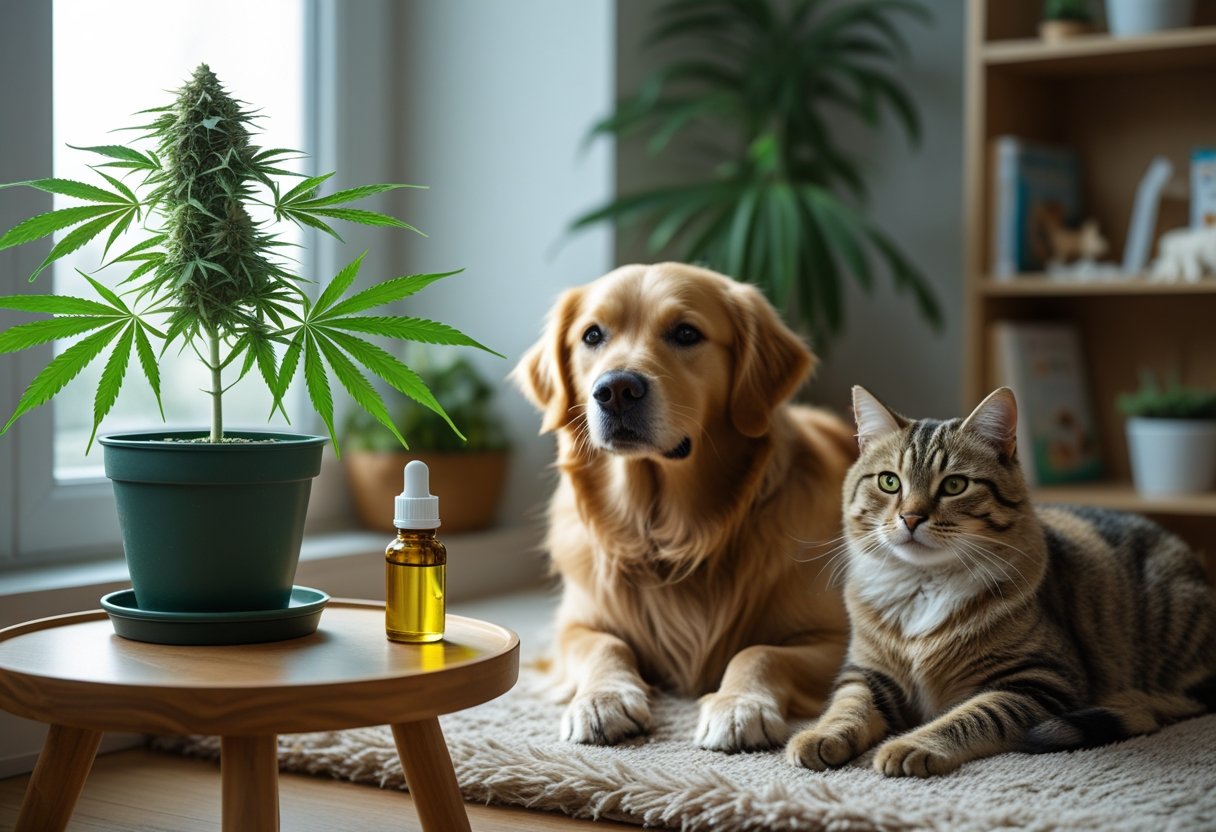 A golden retriever and a tabby cat sitting calmly near a cannabis plant and a jar of cannabis oil in a cozy indoor setting.