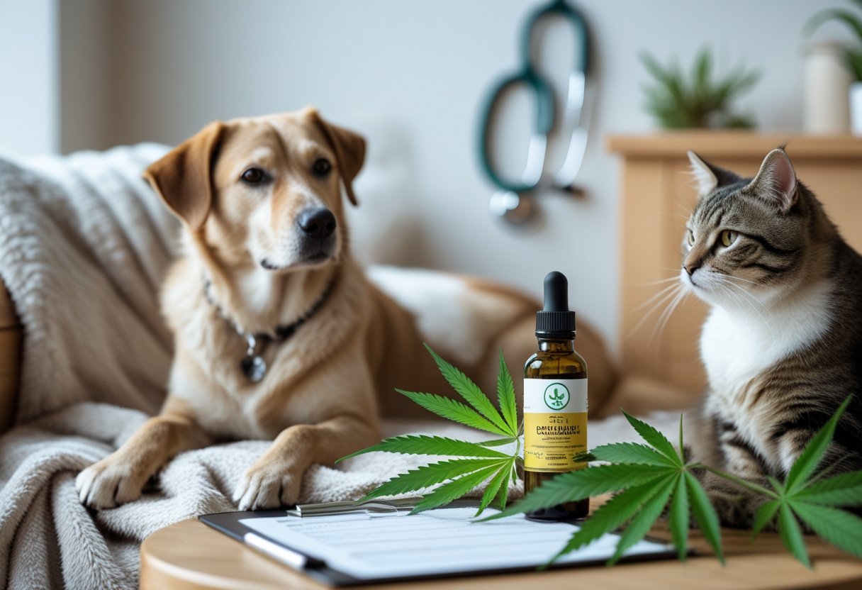 A dog and a cat sitting calmly near a table with hemp leaves and a small jar of pet-friendly cannabis oil in a cozy indoor setting.